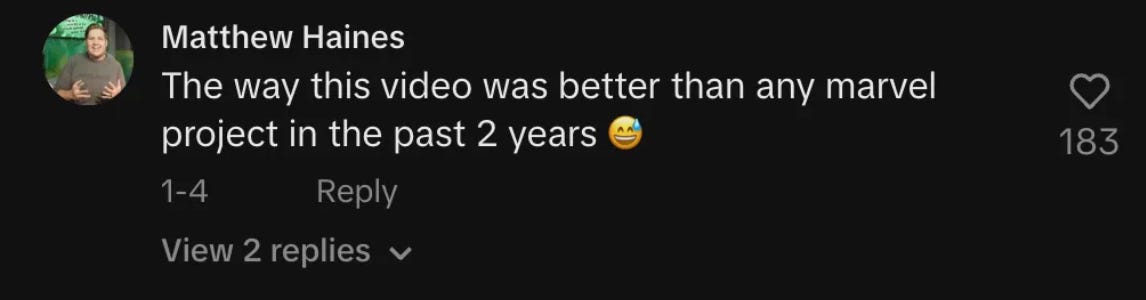 Comment on Washington Post's TikTok saying "The way this video was better than any Marvel project in the past 2 years"