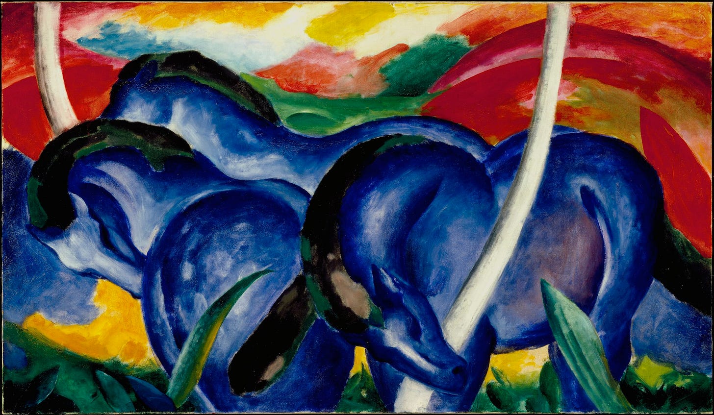 A painting of three blue horses surrounded by a landscape of red, green, yellow and white.