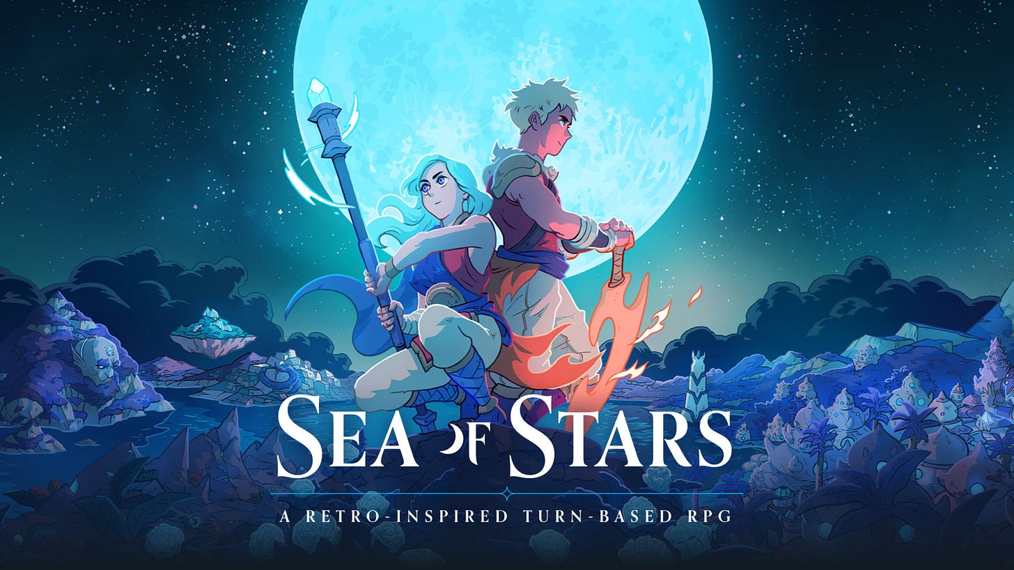 The covert art for the game Sea of Stars, subtitled A Retro-Inspired Turn-Based RPG. It shows two young characters, male and female, with their backs to each other against a landscape in the bottom and a big full moon on top. The characters brandish stylized weapons.