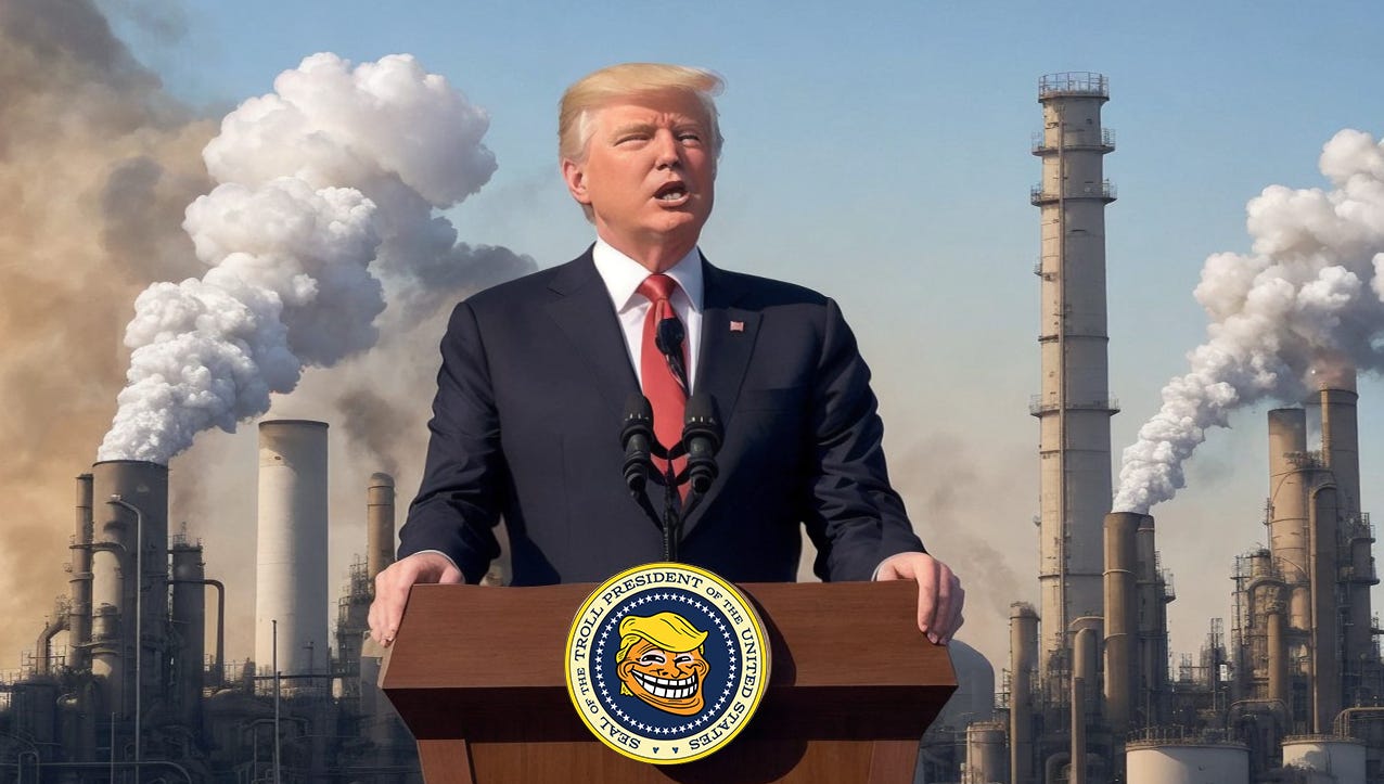 A computer generated image of someone who appears to be Donald Trump standing at a lectern in front of giant, smoke-spewing oil refineries.