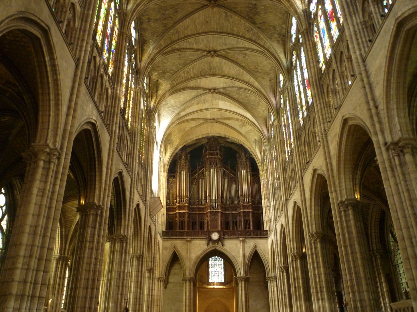 The vaulted ceilings at Basilica St. Denis in Paris