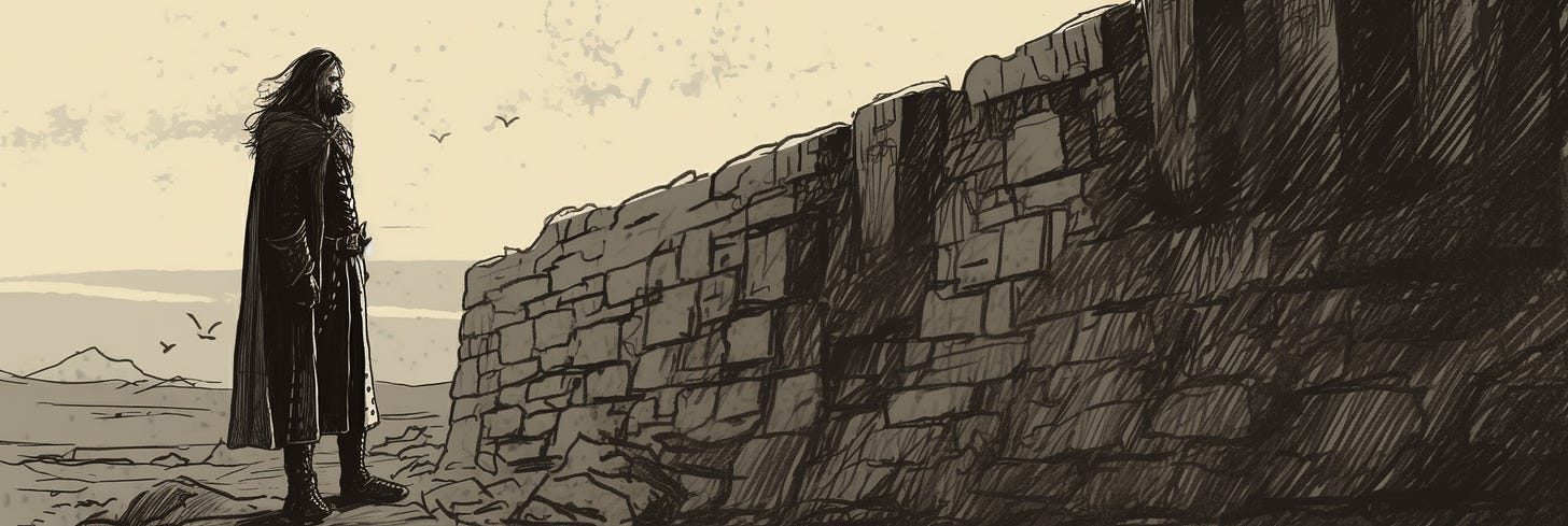 dark age scottish prince, wearing chainmail and cloak standing beside a long stone wall, scott argyle, hand drawn animation