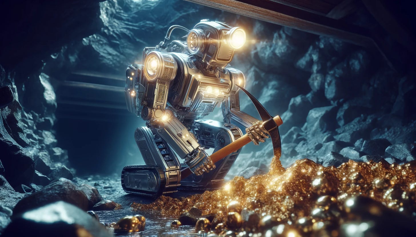 A robotic miner working in a mine, extracting precious metals. The scene depicts the robot using a pickaxe to mine. The robot is designed with a metallic, sturdy structure and advanced mining equipment. It's illuminated by the glow of various precious metals like gold and silver around it, reflecting on its surface. The setting is underground with rocky textures and dim lighting, enhanced by lamps on the robot's body. This image captures the intersection of technology and traditional mining in a futuristic setting.
