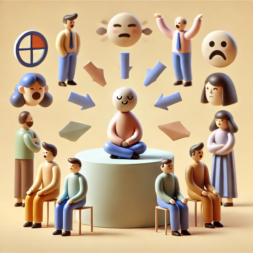 An image symbolizing the concept: 'Autism is the only condition where the symptoms affect friends and family, not the patient.' The central figure is a calm and contented person, representing the autistic individual, surrounded by others who are visibly reacting in various emotional ways (confusion, frustration, concern, etc.). The setting is soft and simple, focusing on the contrast between the central figure's peace and the emotional responses of those around them.