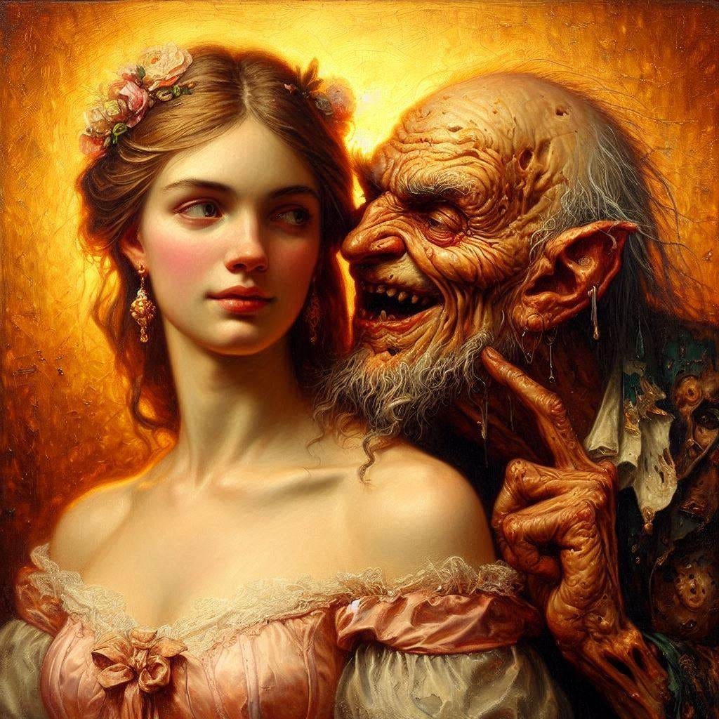 A wretched ugly man whispers into the ears of a beautiful girl as she looks at a handsome man. Painting. Golden glow. Majestic.
