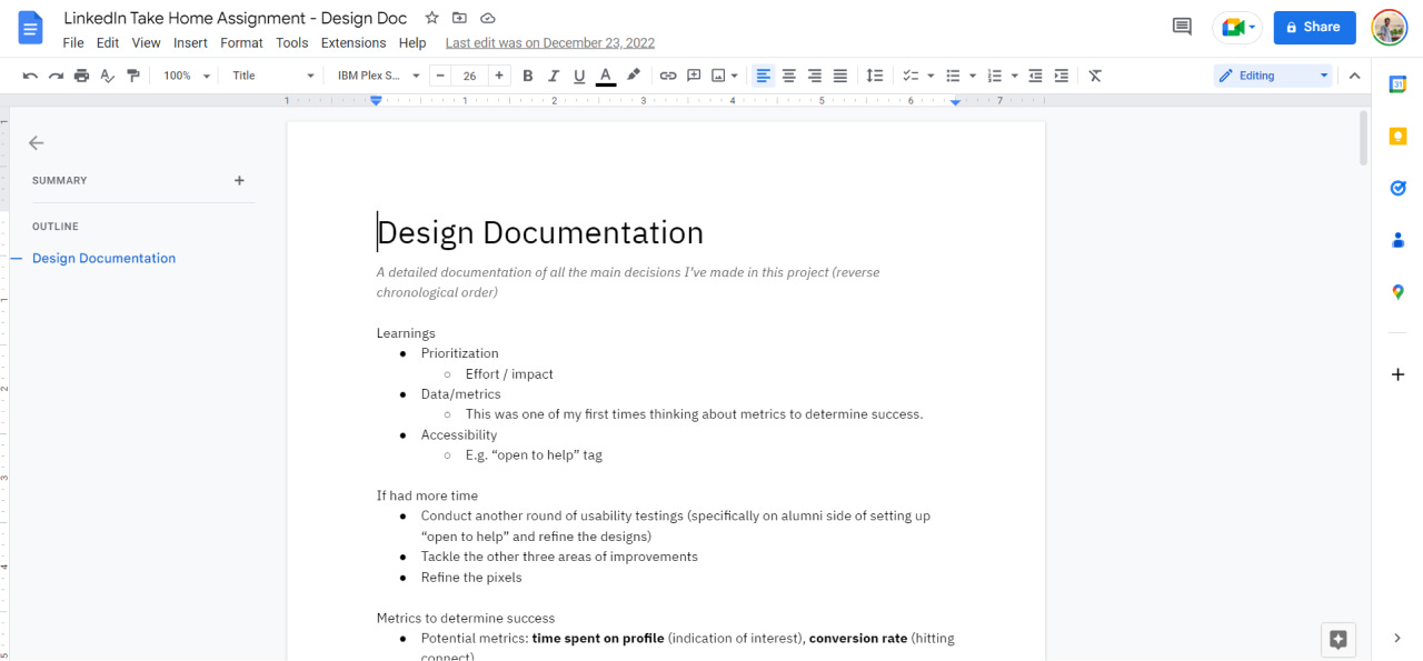 Screenshot of my design documentation for LinkedIn's design exercise