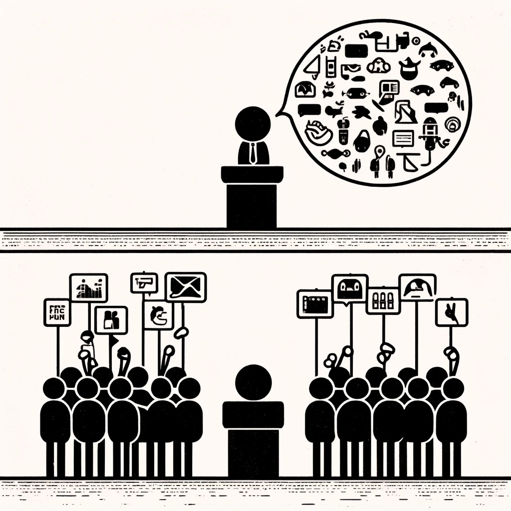 A minimalist stick figure drawing that captures the essence of media bias. The scene is divided into two sections by a vertical line down the center, representing two differing perspectives. On one side, a stick figure journalist stands behind a podium with a large, exaggerated microphone, speaking to an audience of stick figure people. Above him, a speech bubble shows a selective part of a story, represented by simple symbols or icons. On the other side, hidden behind a curtain that the journalist's podium is attached to, are various other stick figure characters holding up signs with additional facts and symbols, representing the rest of the story that is not being told. The stark contrast between the two sides highlights the selective nature of media reporting, emphasizing how bias can shape the narrative.