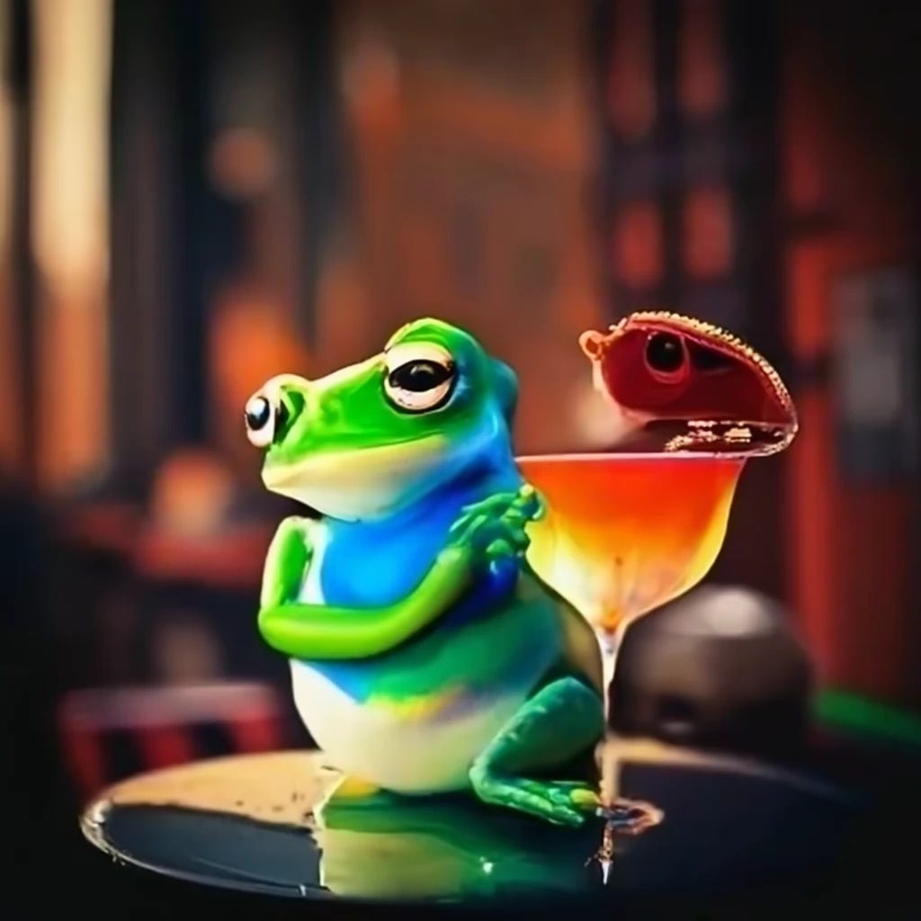 Gay frogs wearing purses and sipping martinis at a sidewalk cafe