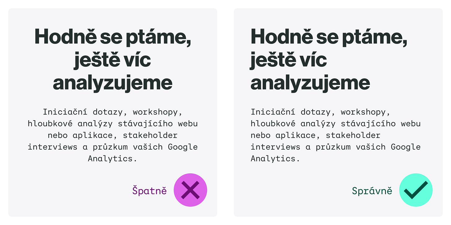 Ukázka textu zarovnaného na střed (špatně) a textu zarovnaného do leva na praporek (správně)