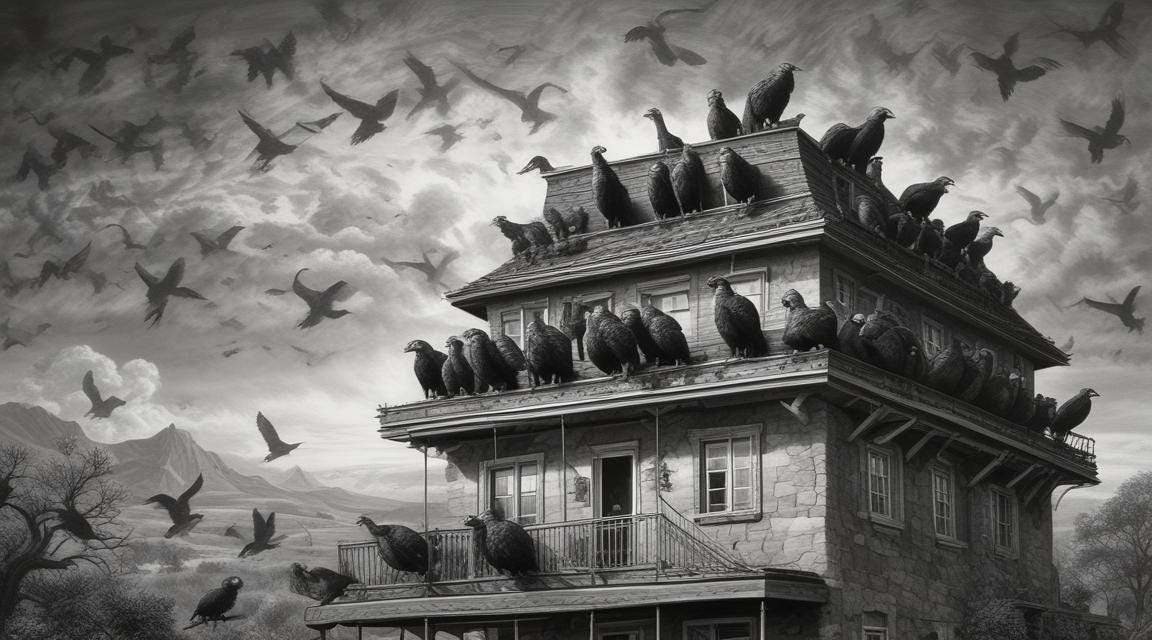 AI generated image in black and white of numerous large black buzzards perched on the root of an isolated country house