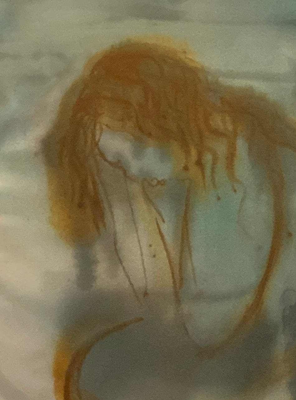 A watery sketch of a woman slumped in despair