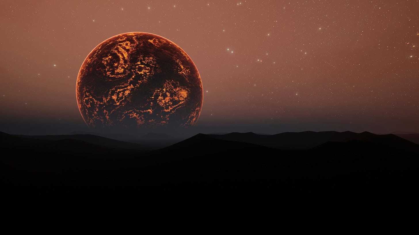 A red glowing planet