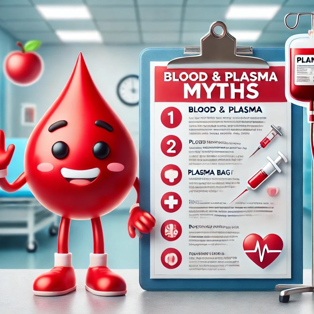 Cheerful blood drop, plasma bag, blurred clipboard, myths debunked overlay.