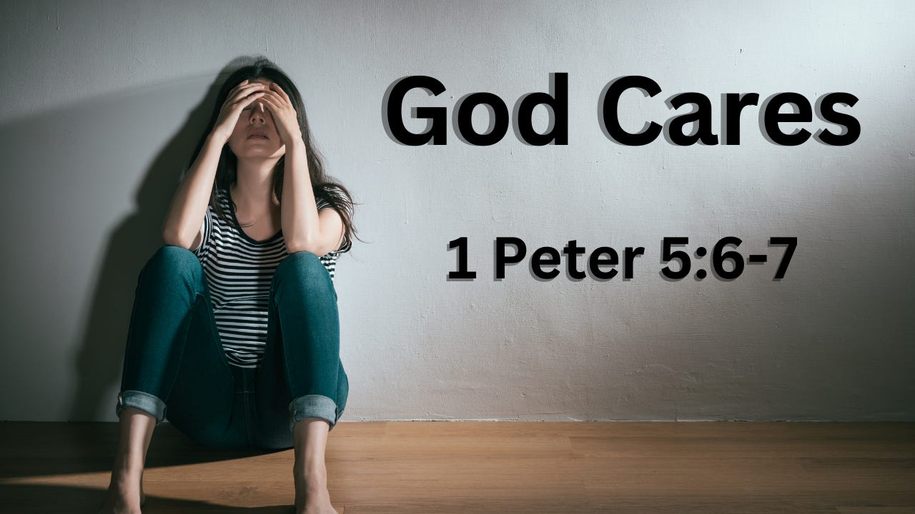 A depressed woman next to the words "God Cares."