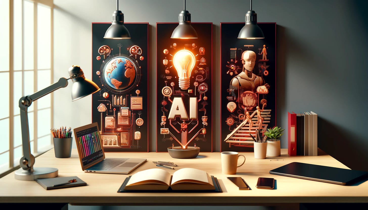 A photorealistic desk with three distinct ideas represented visually related to artificial intelligence. Each idea is symbolized by a different object or illustration on the desk. The first idea is represented by a small globe to symbolize global opportunities and potential created by AI, such as small businesses marketing and selling products internationally. The second idea is shown with an open book and a bright lightbulb above it, representing the enhancement of knowledge and learning processes by AI, allowing even mediocre writers to improve. The third idea is depicted with a small figure climbing a staircase, symbolizing career and job growth facilitated by AI, such as new job fields emerging and small businesses gaining market presence. The desk is neat and organized, with a few scattered papers and a coffee cup, set in a modern, well-lit room. The overall color scheme includes shades of red, giving it a warm and vibrant feel. The image should look like it was taken with an iPhone, very realistic and high quality.