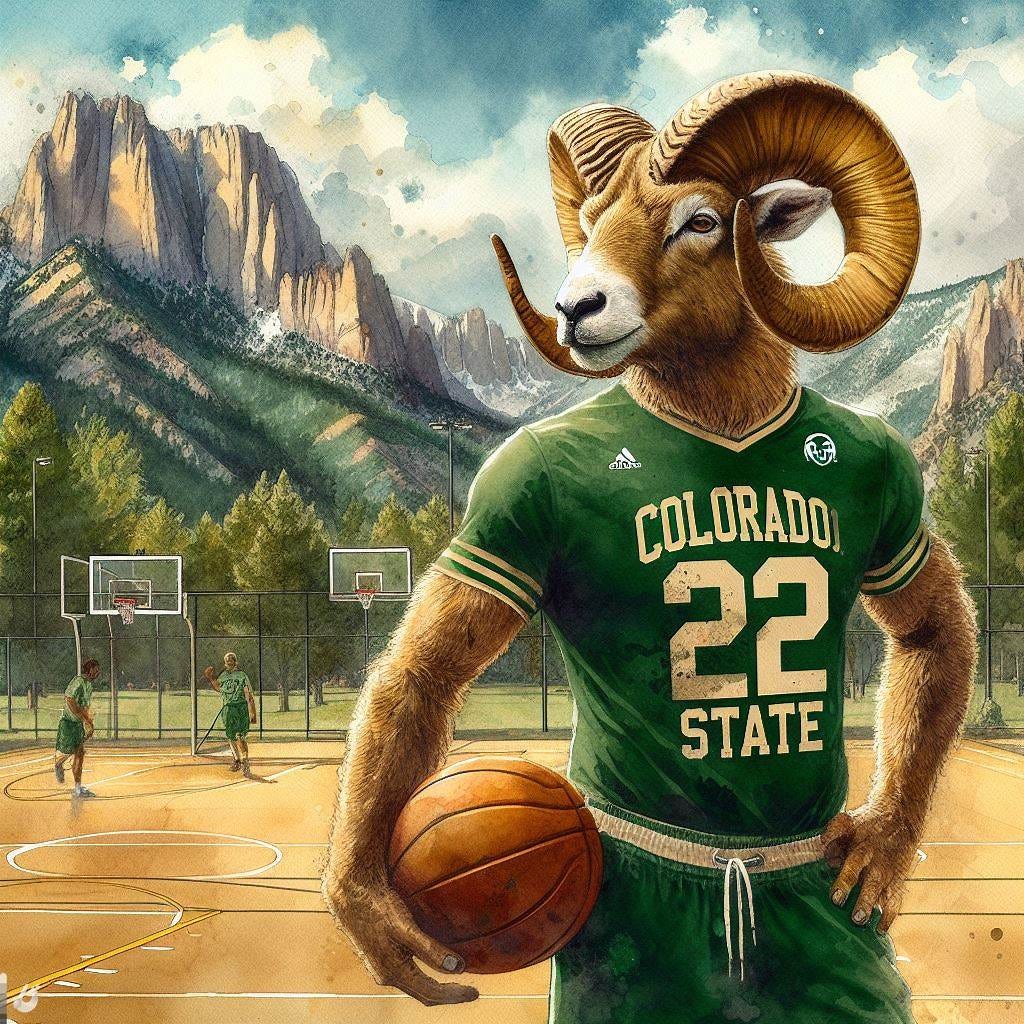 A ram in a vintage Colorado State University shirt on a basketball court in front of the Rocky Mountains, watercolor