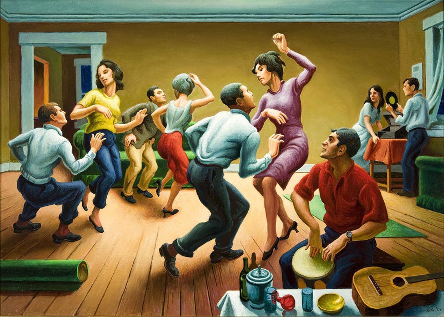 Realist painting of party-goers dancing the twist