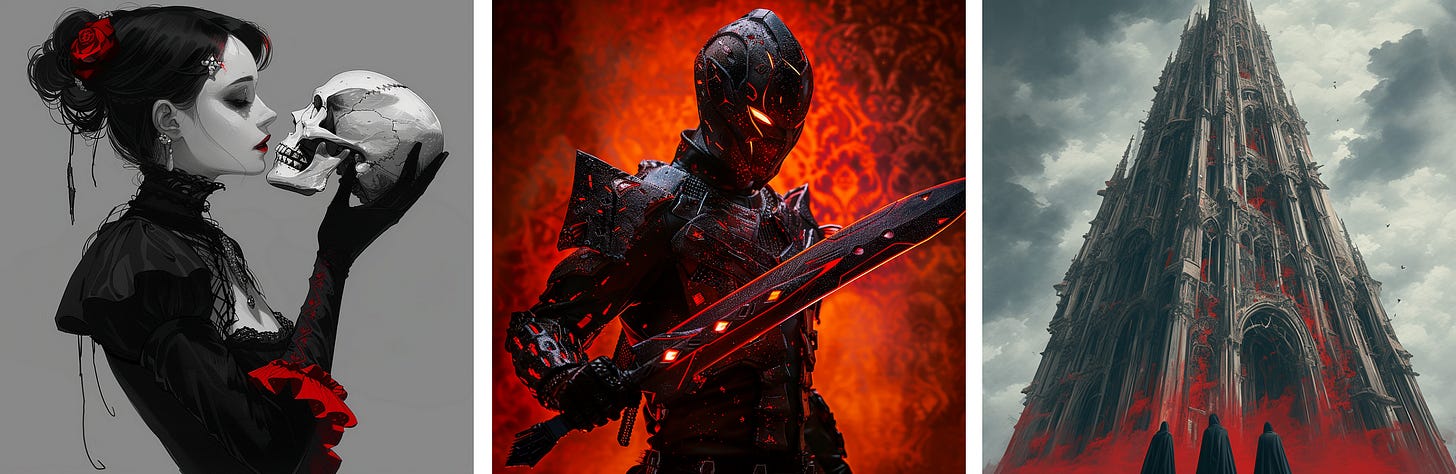 Girl holding a skull | Cyborg with a glowing greatsword | Oversized tower