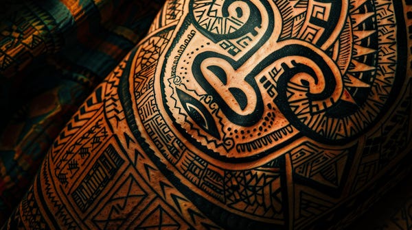 Intricate black tribal tattoo on a warrior's thigh.