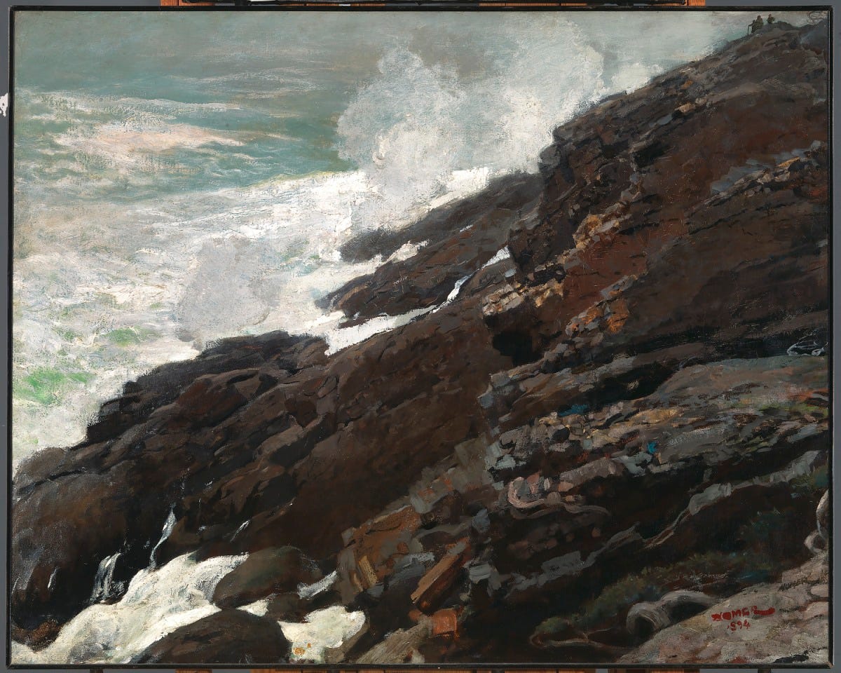 An oil painting of waves crashing on a rocky Maine shoreline.