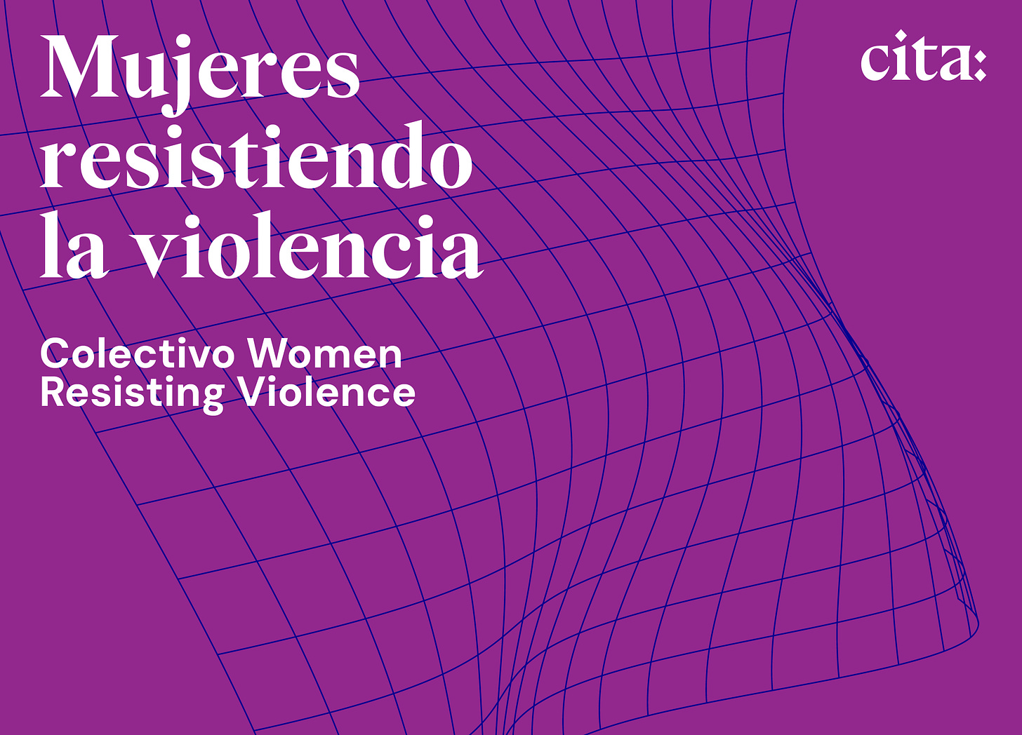 A purple background with a blue grid over it. Text reads "Mujeres resistiendo la violencia. Colectivo Women Resisting Violence."