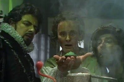 Rowan Atkinson as Blackadder, Tim McInnery as Lord Percy and Tony Robinson as Baldrick in a scene from the TV show Blackadder the Third, in which Lord Percy (centre) attempts to discover the secret of alchemy, but instead of creating gold invents a substance he calls “green” – much to the exasperation of Blackadder.