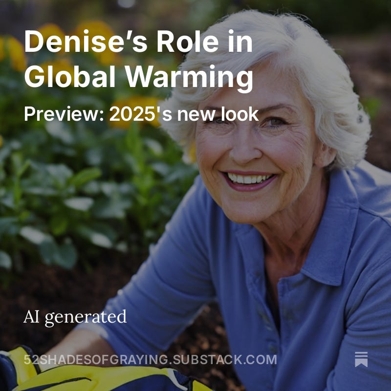 Profile of white womn with gray hair with these words: "Denise's Role in Global Warming." Preview: 2025's New Look.