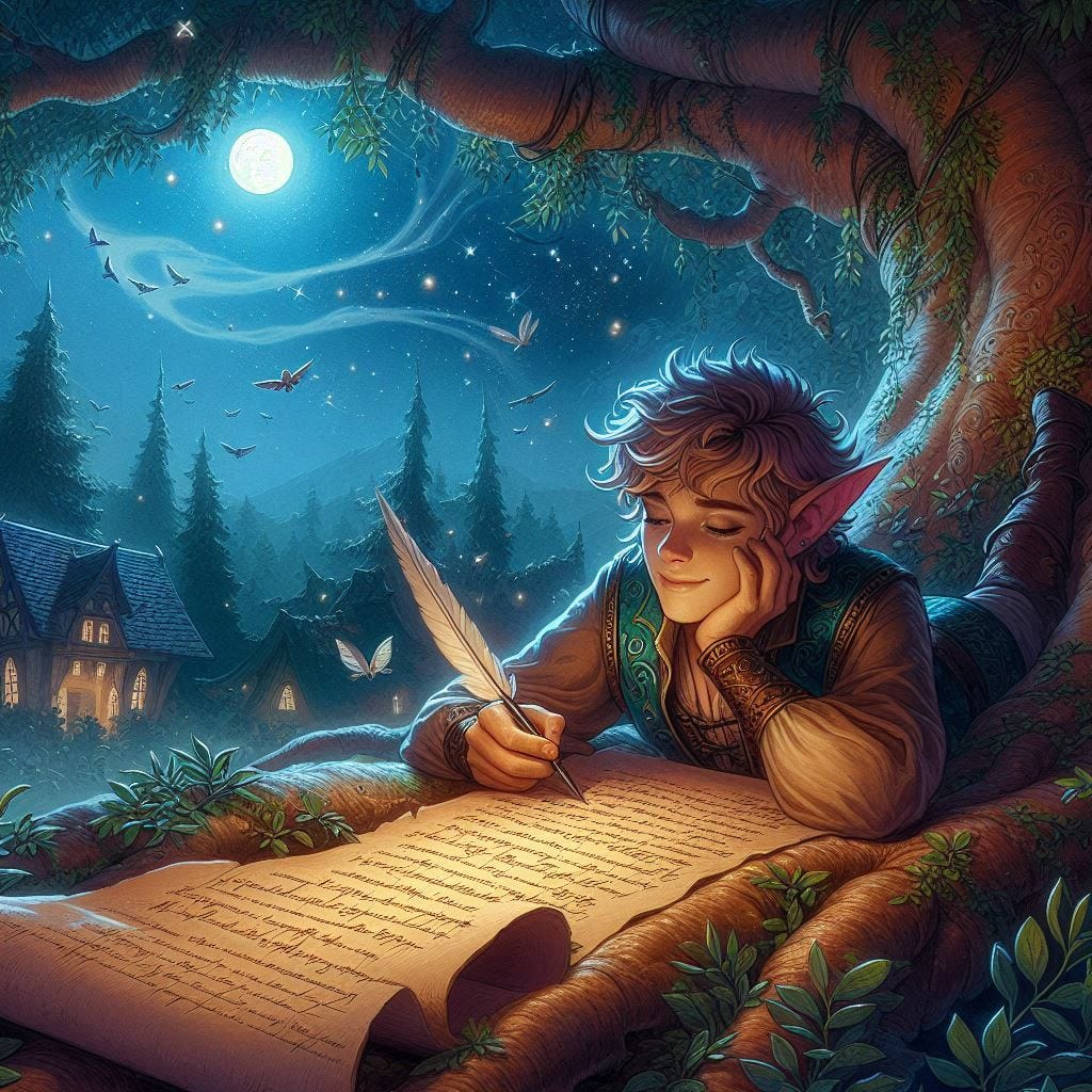 an elf lying against a magical tree, writing with a quill on a piece of parchment, looking contented, fantasy illustration style