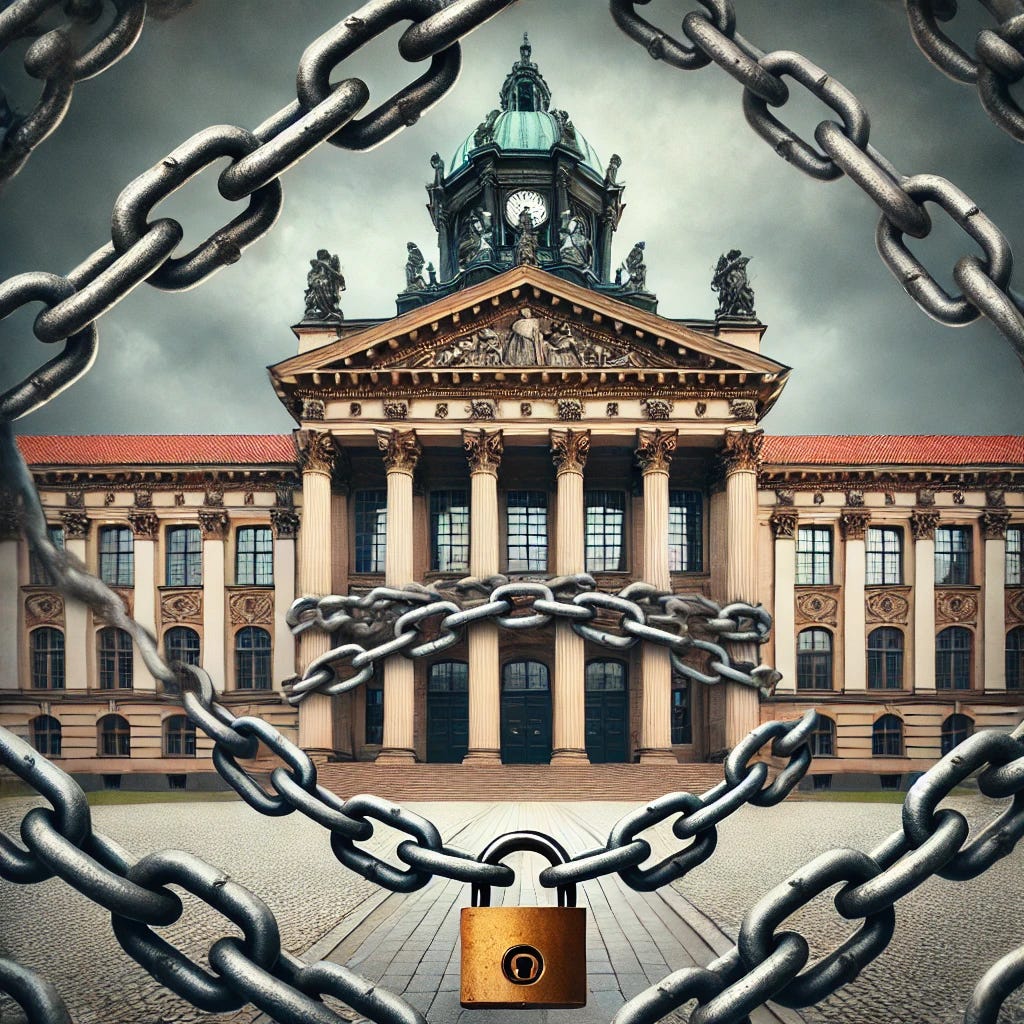 A grand university building with classic architecture, wrapped in heavy iron chains and locks. The scene conveys a sense of restriction and constraint, symbolizing limitations on academic freedom. The sky is dark and ominous, adding to the mood of suppression and control.