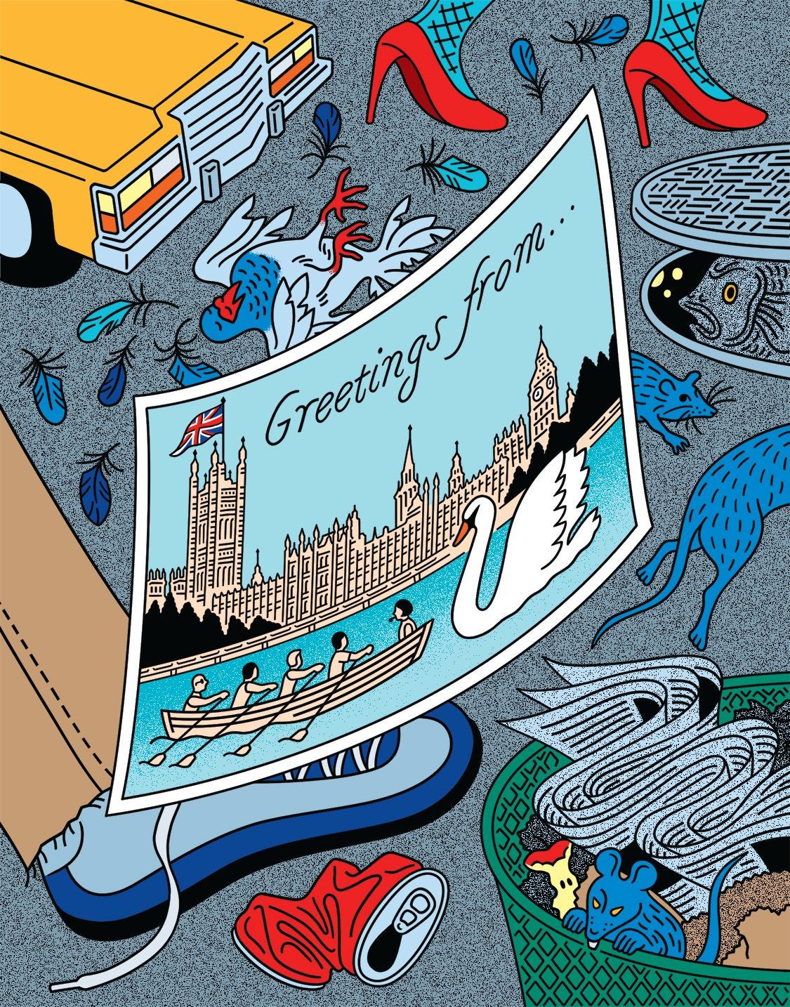 Postcard from London above a messy NYC street.