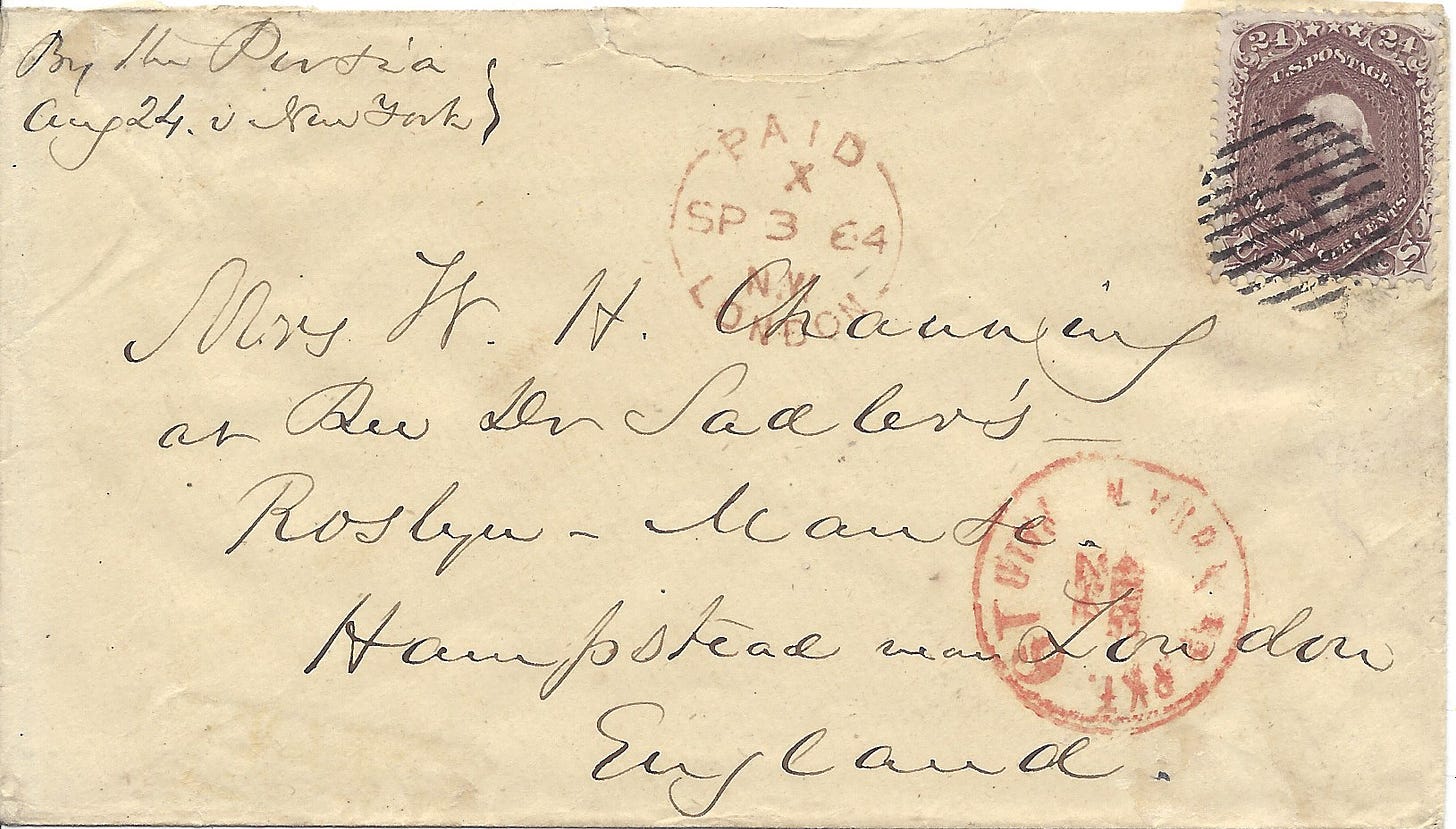 An envelope mailed from the US to England in 1864