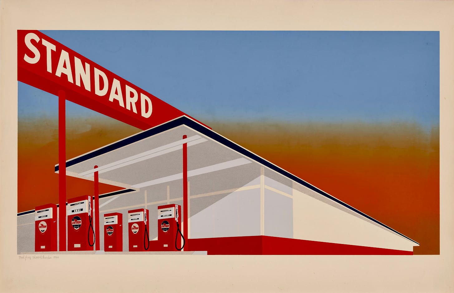 A painting of a gas station