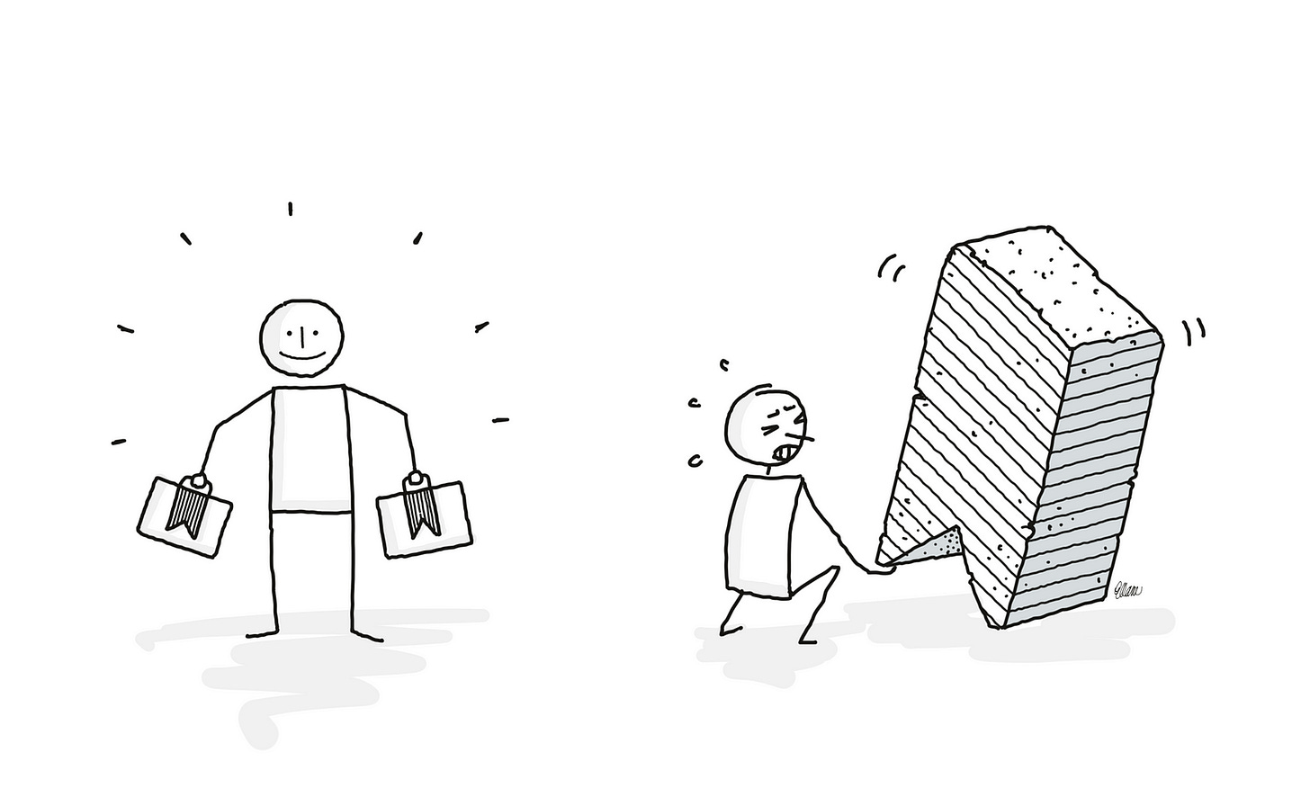 Black linework cartoon with grey shading of two figures, on a white background. One figure, on the left, is smiling while holding a briefcase in each hand. Each briefcase has a bookmark symbol on it. The other figure is squatting down, straining to lift a bookmark symbol that appears to be made of stone, and is larger than themselves.