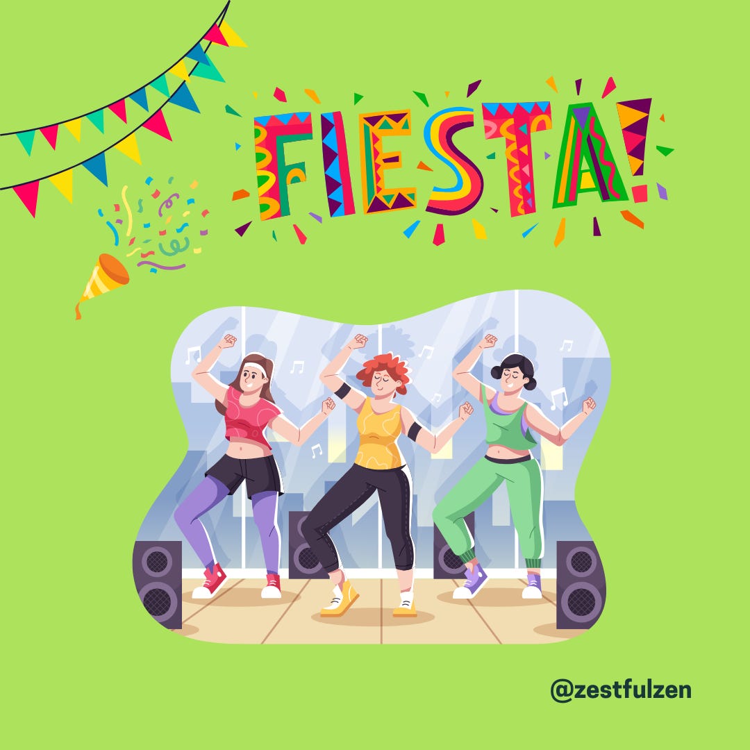 3 women dancing in a Zumba class with a fiesta slogan