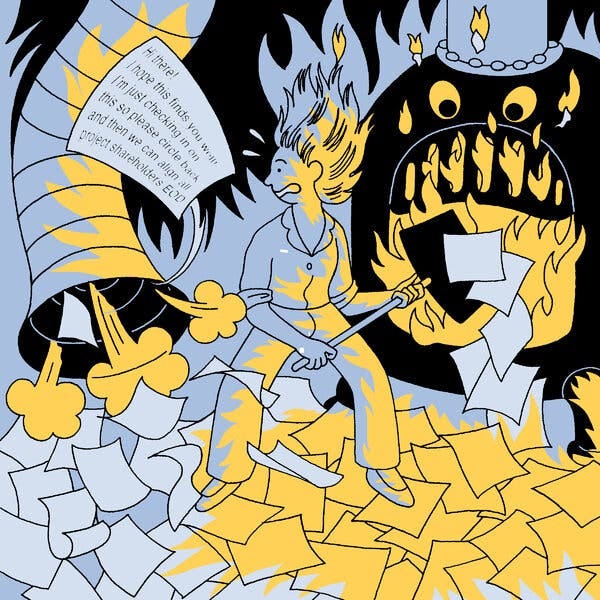 An illustration showing a woman frantically shoveling emails from a big chute into a raging fire. 