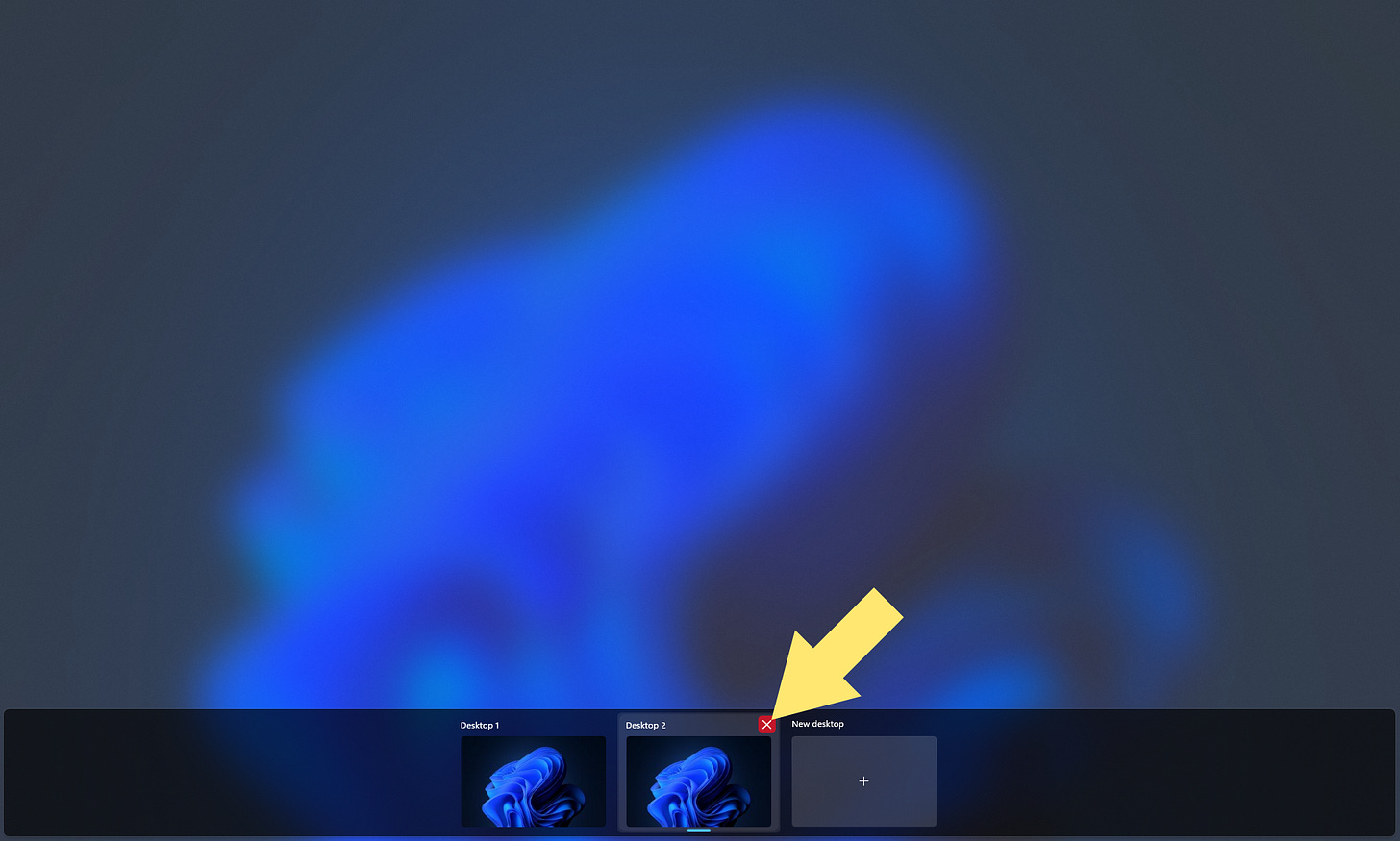 The Task View with the button to close Desktop 2 highlighted