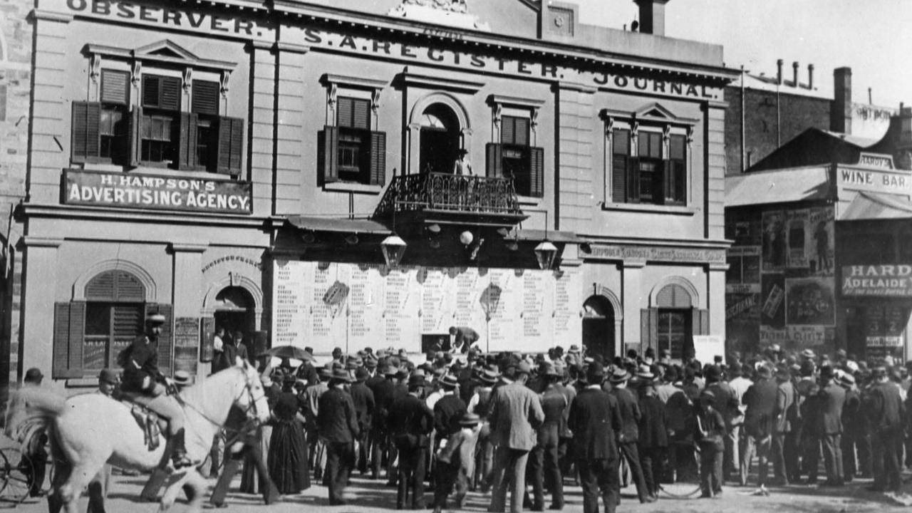 The crowd on the south side of Grenfell Street, Adelaide, watching the posting of the South Australian colonial election results outside The Register newspapers office in April 1896.