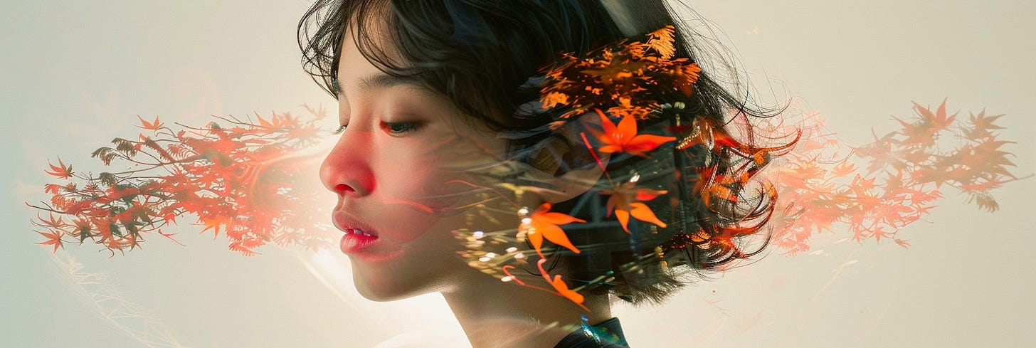 A conceptual photograph that combines a close-up of a person's profile with an overlay of vibrant orange leaves and branches, creating a striking double exposure effect. The leaves seem to flow from the person's head, symbolizing a connection between the individual's thoughts and the natural world around them. The warm hues and soft lighting add to the dreamy, reflective atmosphere.