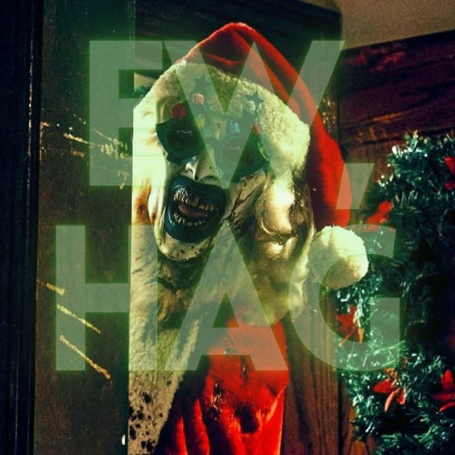 Still from Terrifier 3 of Art the Clown smiling in a Santa suit and a pair of Christmas tree-shaped sunglasses