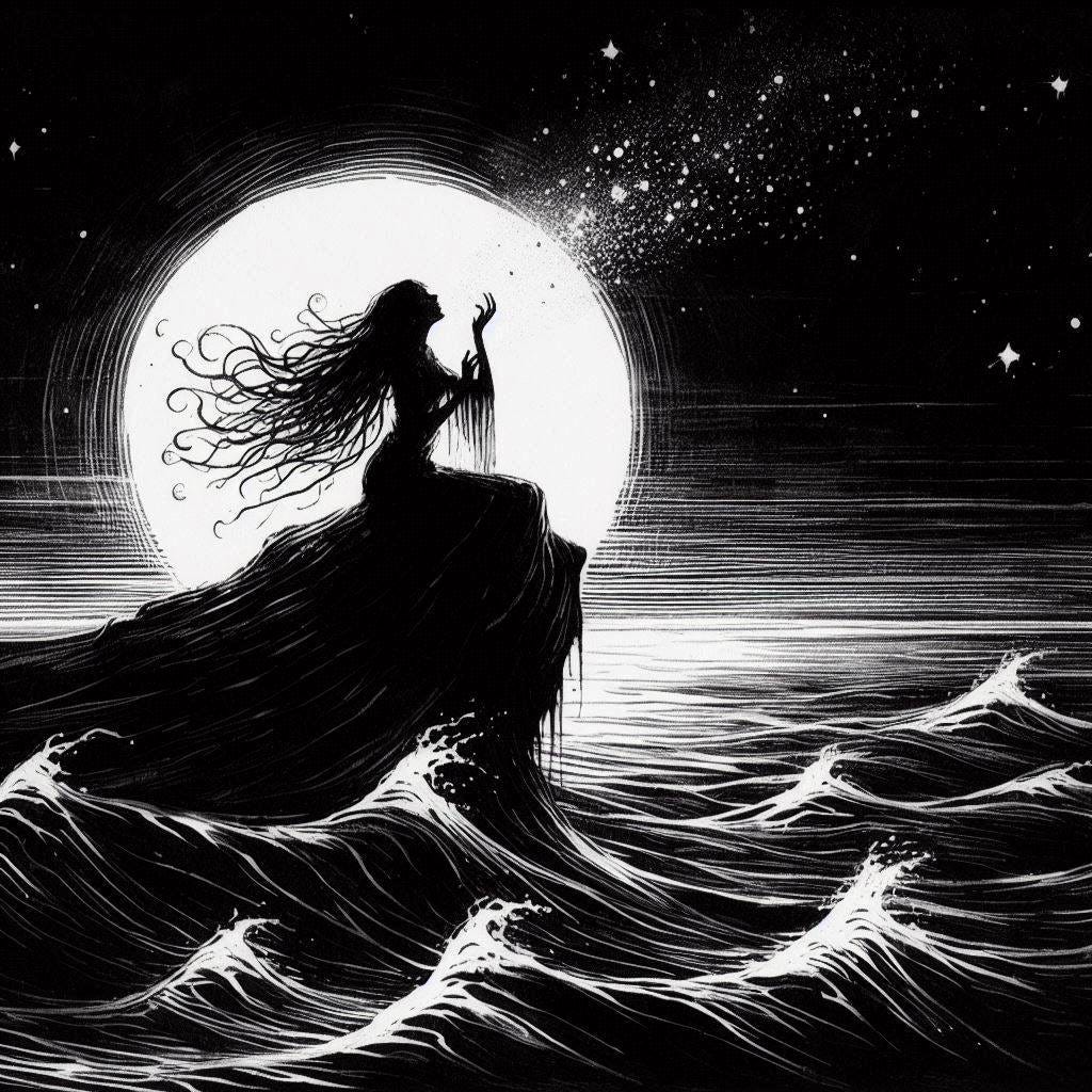 black and white ink of a siren singing in a lonely sea