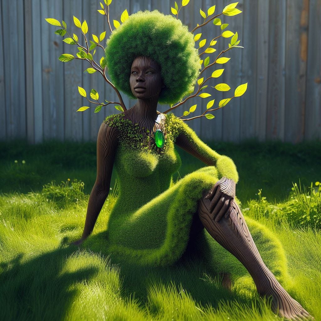Hyper realistic wooden statue of black woman in sitting in green dress made of grass in grass. loose afro turning into leaves of tree. She is becoming a tree and casting a shadow of leaves Grassy earth with woman, made of grass.She is one with the ground. Grass is chartrues and mint green and naples yellow, vibrant yellow. green crystal broach on her dress.Sunny day.Luminescent