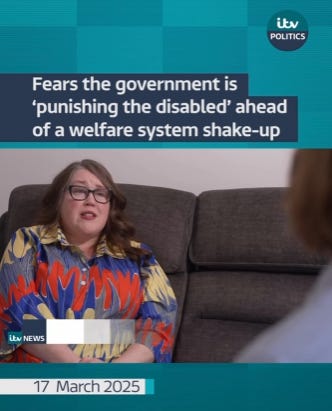 Yolanda Barker in her lounge on grey sofa, curly long brown hair wearing a very brightly coloured dress in blue, yellow and orange.  She is being interviewed by ITV News regarding PIP changes announced.  date 17th March 2025