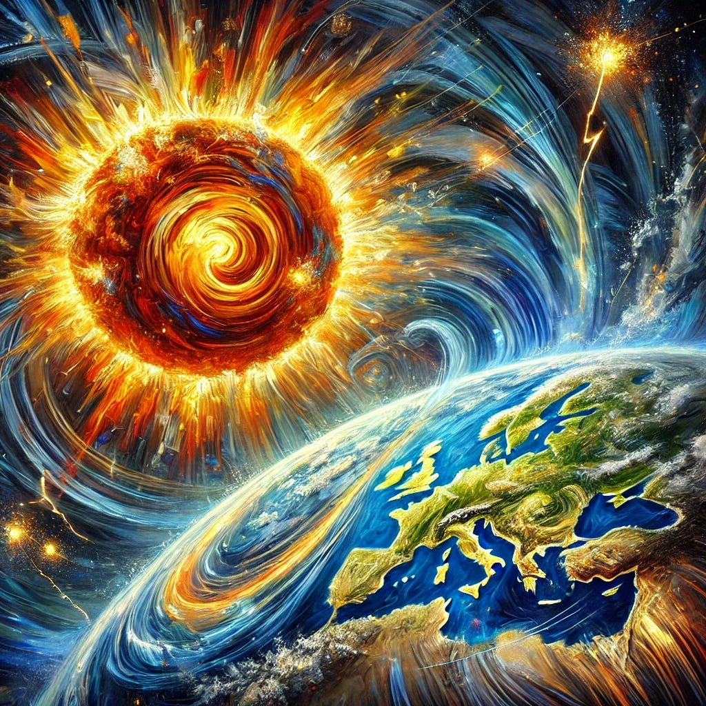 A vibrant oil-painting-style depiction of the sun and Earth interacting, with the sun showing swirling solar flares and a burst of light emitting particles. The Earth is protected by a fluctuating magnetosphere, with subtle atmospheric and geological patterns symbolizing weather changes and tectonic shifts. The sun features fiery yellows and oranges, while the Earth has deep blues and greens, and hints of electrical activity in the atmosphere. The image conveys the dynamic relationship between the sun and Earth's climate and geological systems, with expressive, bold brushstrokes.