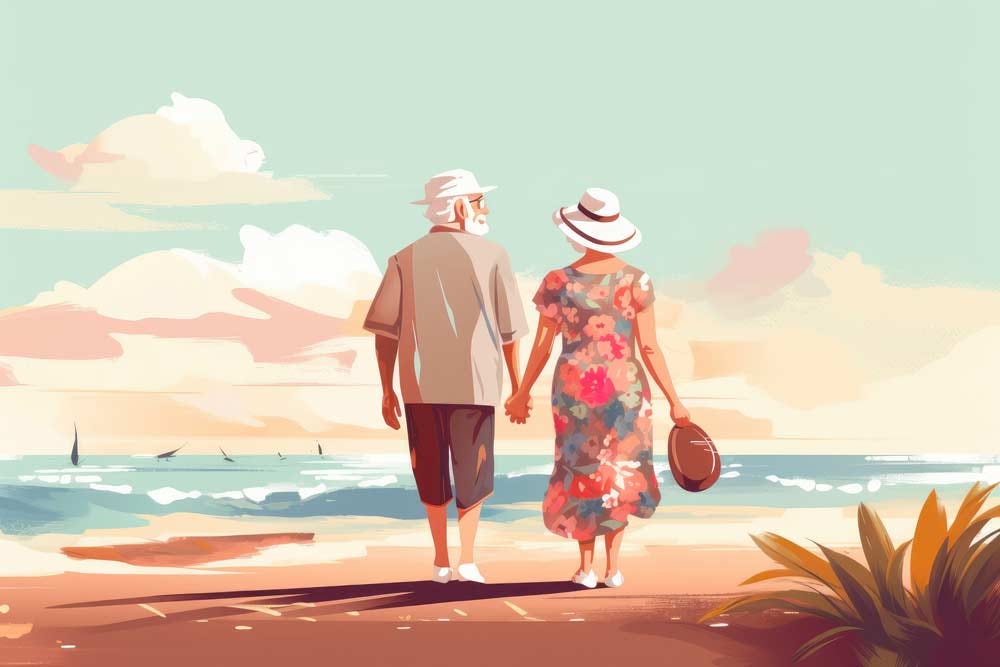 Illustration of elder couple walking on the beach enjoying a summer vacation