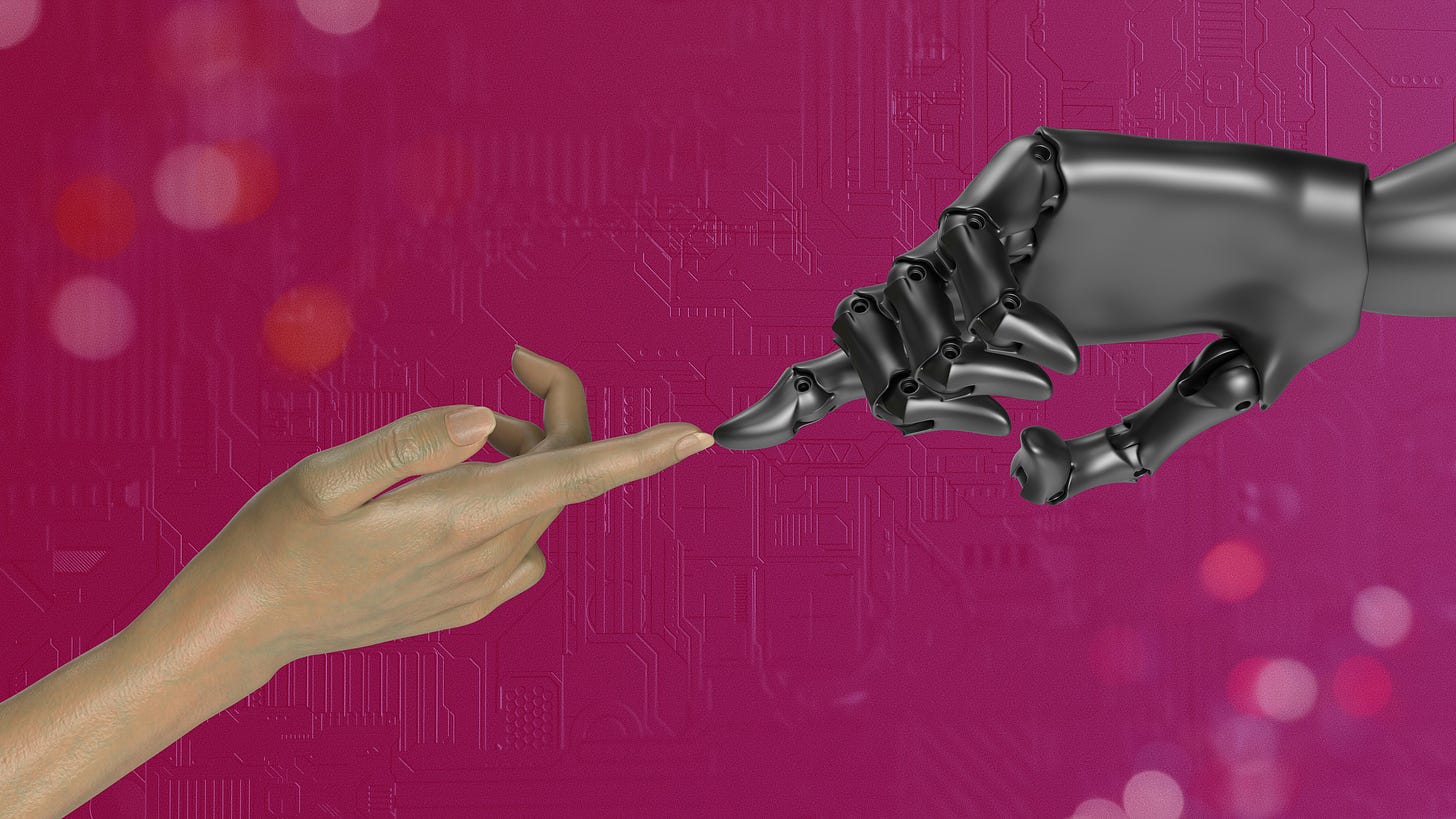 a human index finger touches a robot index finger