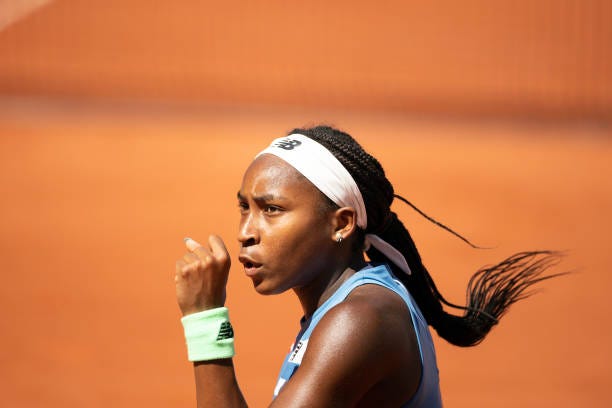 Coco Gauff of the United States celebrates a break of serve against Mirra Andreeva of Russia in the third round of the singles competition on...