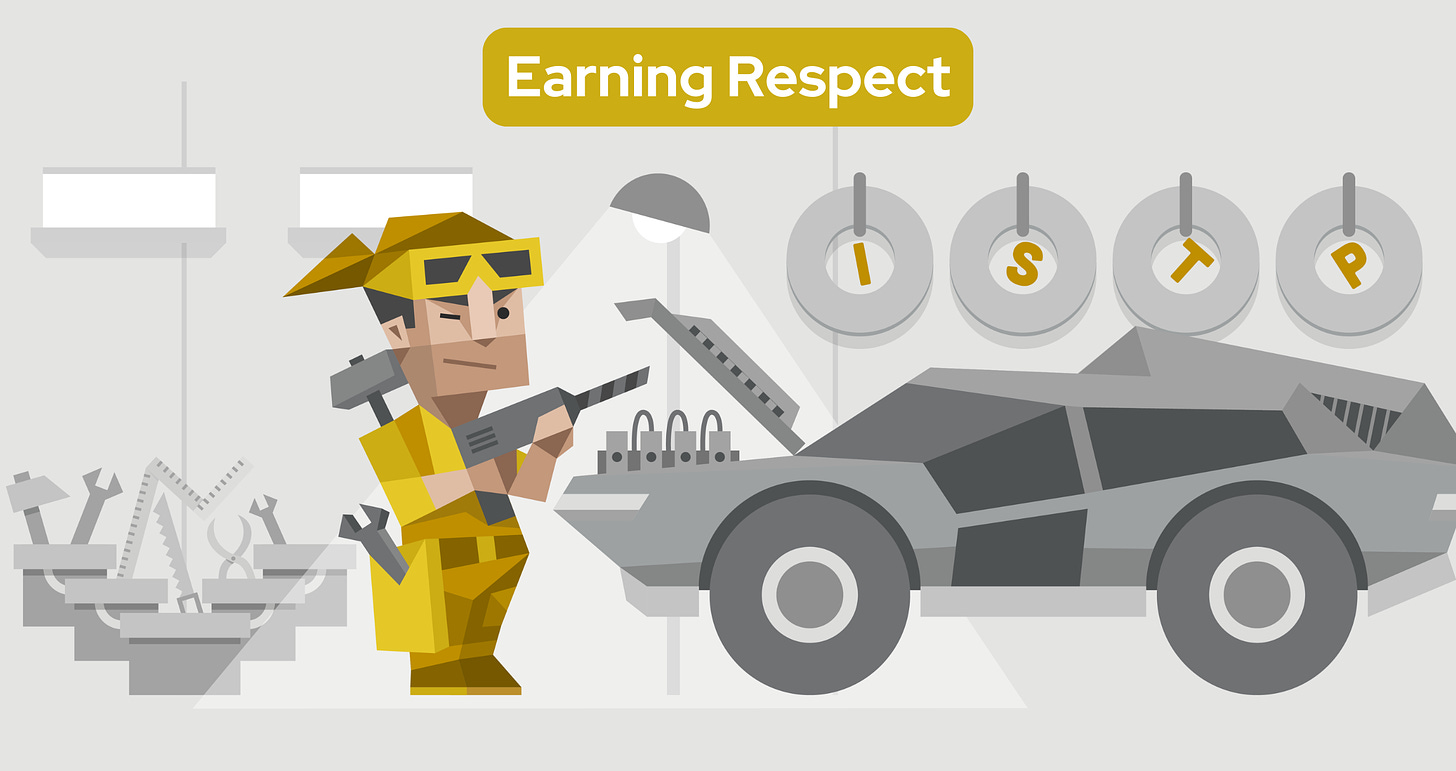 A male ISTP mechanic stands in a garage wearing a yellow cap, yellow goggles, and a yellow jumpsuit. He is holding a power drill and working under the hood of a sleek, modern car. To his left, various mechanical tools are scattered. Above the car, the letters “ISTP” are prominently displayed.