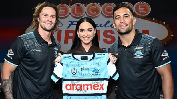 NRL news 2025: Katy Perry meets Cronulla Sharks players during Las Vegas  trip, video