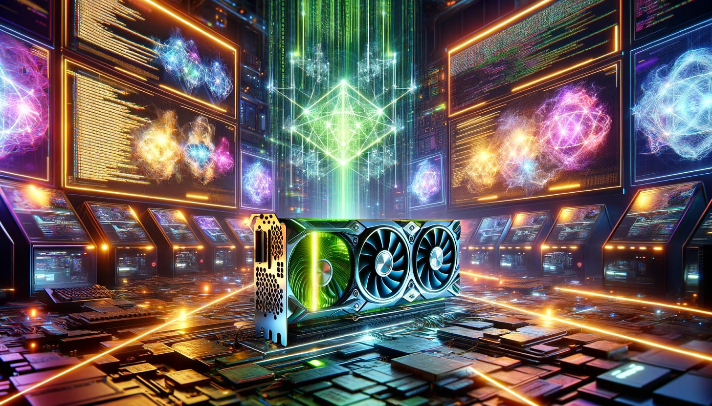 A visually striking representation of NVIDIA GPUs in action, surrounded by glowing code and symbols representing artificial intelligence and machine learning. The scene is set in a futuristic laboratory with sleek, high-tech equipment. Vibrant colors highlight the GPUs at work, with beams of light connecting them to various screens displaying complex algorithms and neural networks. This environment is bustling with the energy of innovation, showcasing the power of NVIDIA's technology in pushing the boundaries of AI and software development.