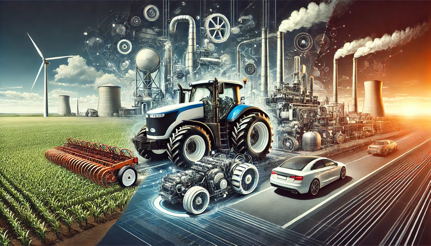 A visually dynamic graphic showcasing the internal combustion engine's role in revolutionizing agriculture, industry, and the car sector. Depict a modern tractor working in a large farm field, a powerful factory machine inside a bustling industrial complex, and a sleek automobile on a road. Each sector is illustrated without any text, emphasizing the engine's influence across these areas. The background transitions from rural farmland to an industrial skyline, blending the scenes together to highlight the engine's transformative impact. No words or text should be included.